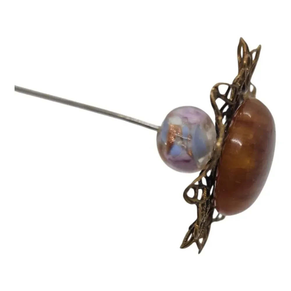 Vintage Lucite Hat Pin Brown Cabochon Filigree Art Glass Bead Long Estate Ornate